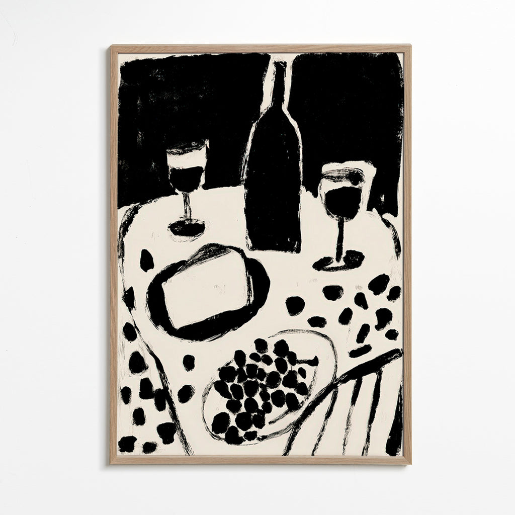 Arte da cucina: bottiglia e uva in monocromo