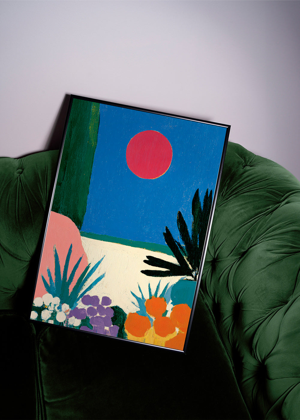 Stampa botanica con luna rossa e giardino stilizzato