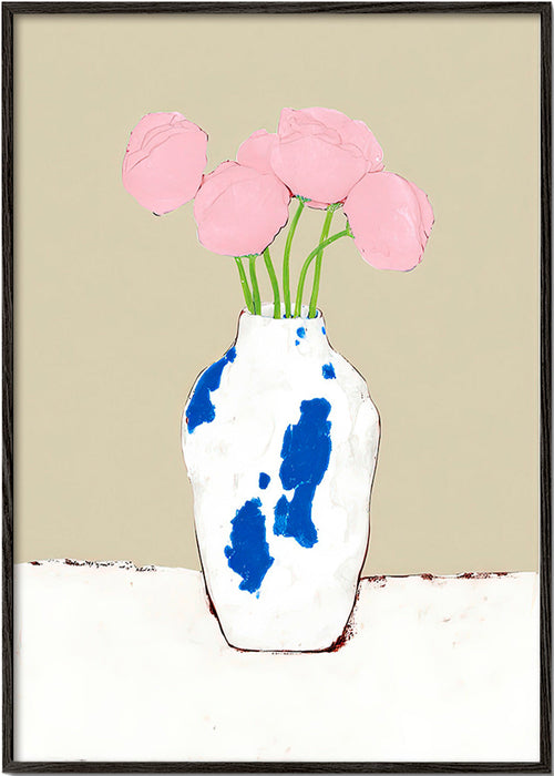 Stampa botanica con peonie in vaso blu