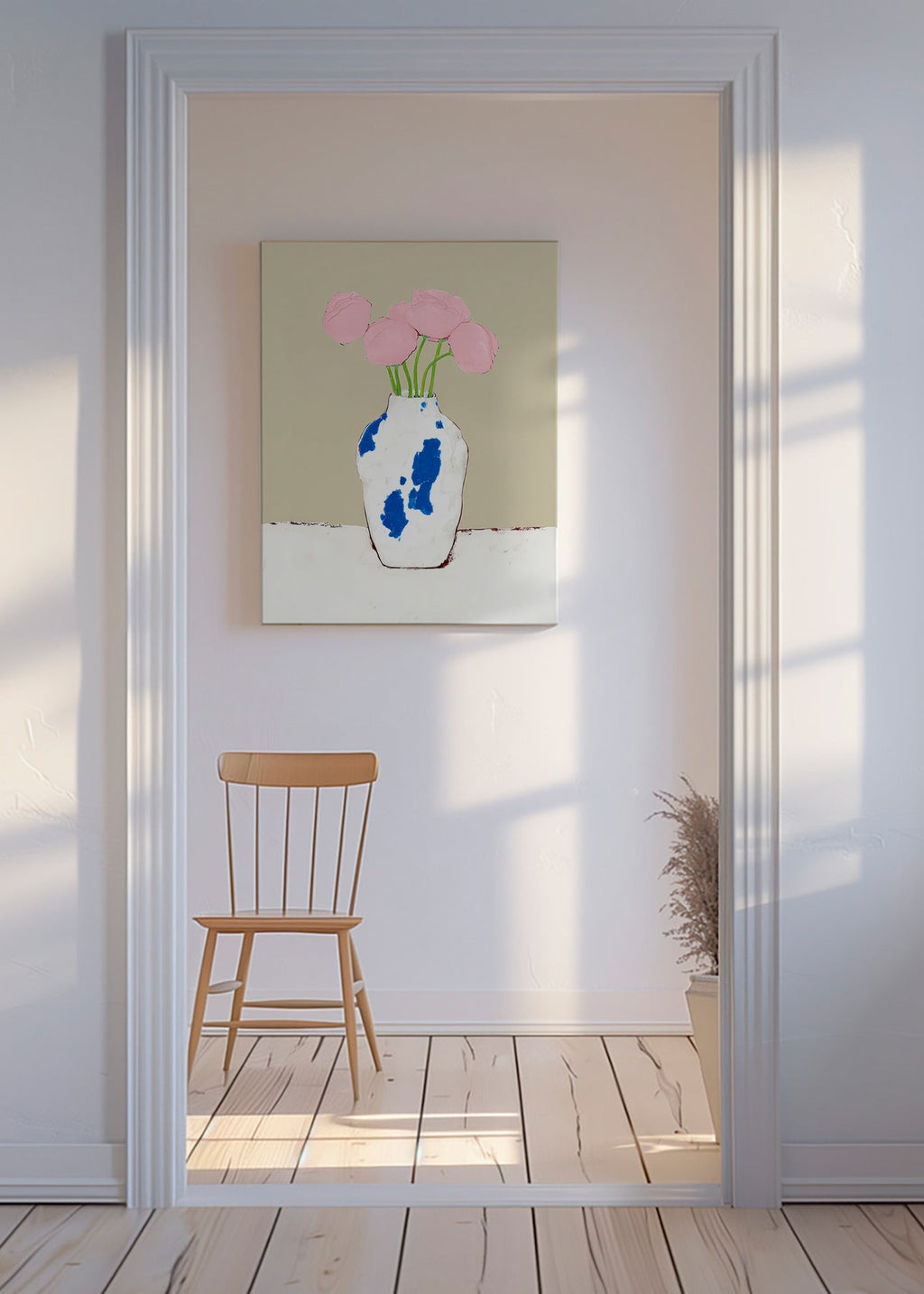 Stampa botanica con peonie in vaso blu
