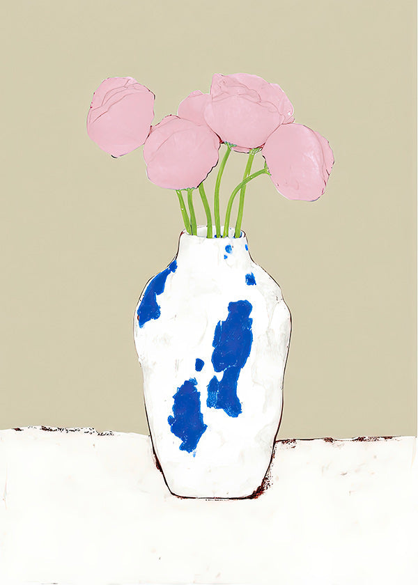 Stampa botanica con peonie in vaso blu