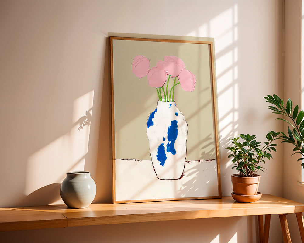 Stampa botanica con peonie in vaso blu