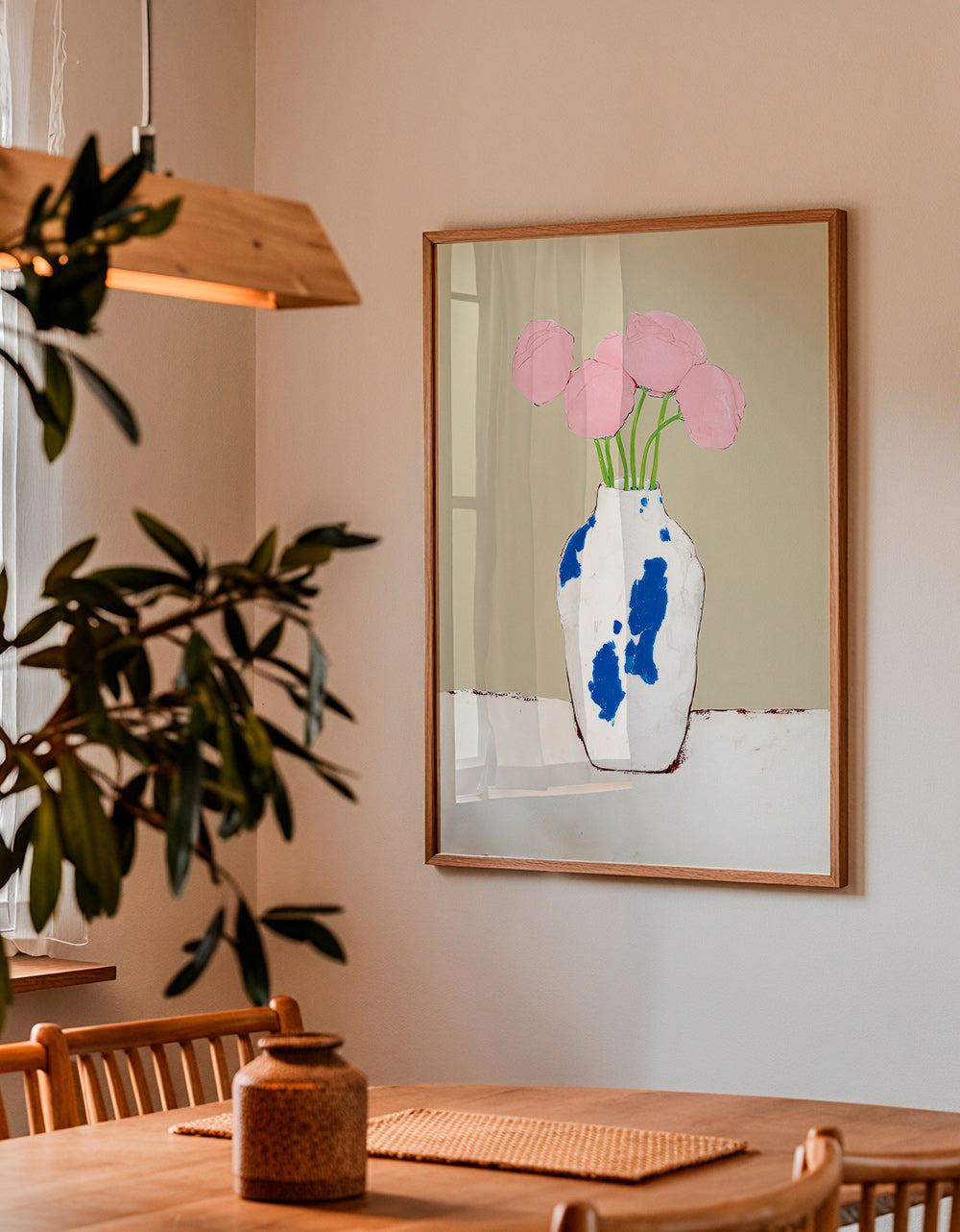 Stampa botanica con peonie in vaso blu