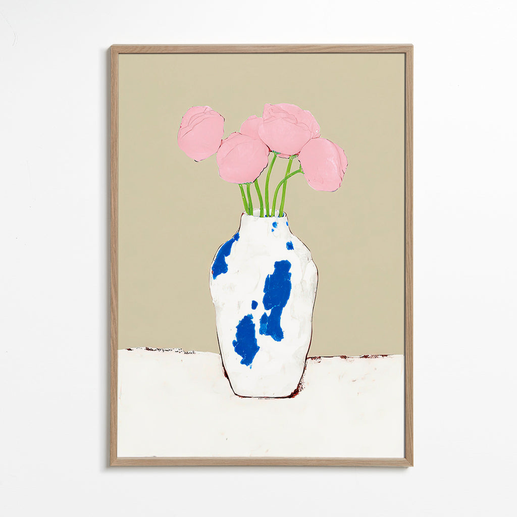 Stampa botanica con peonie in vaso blu