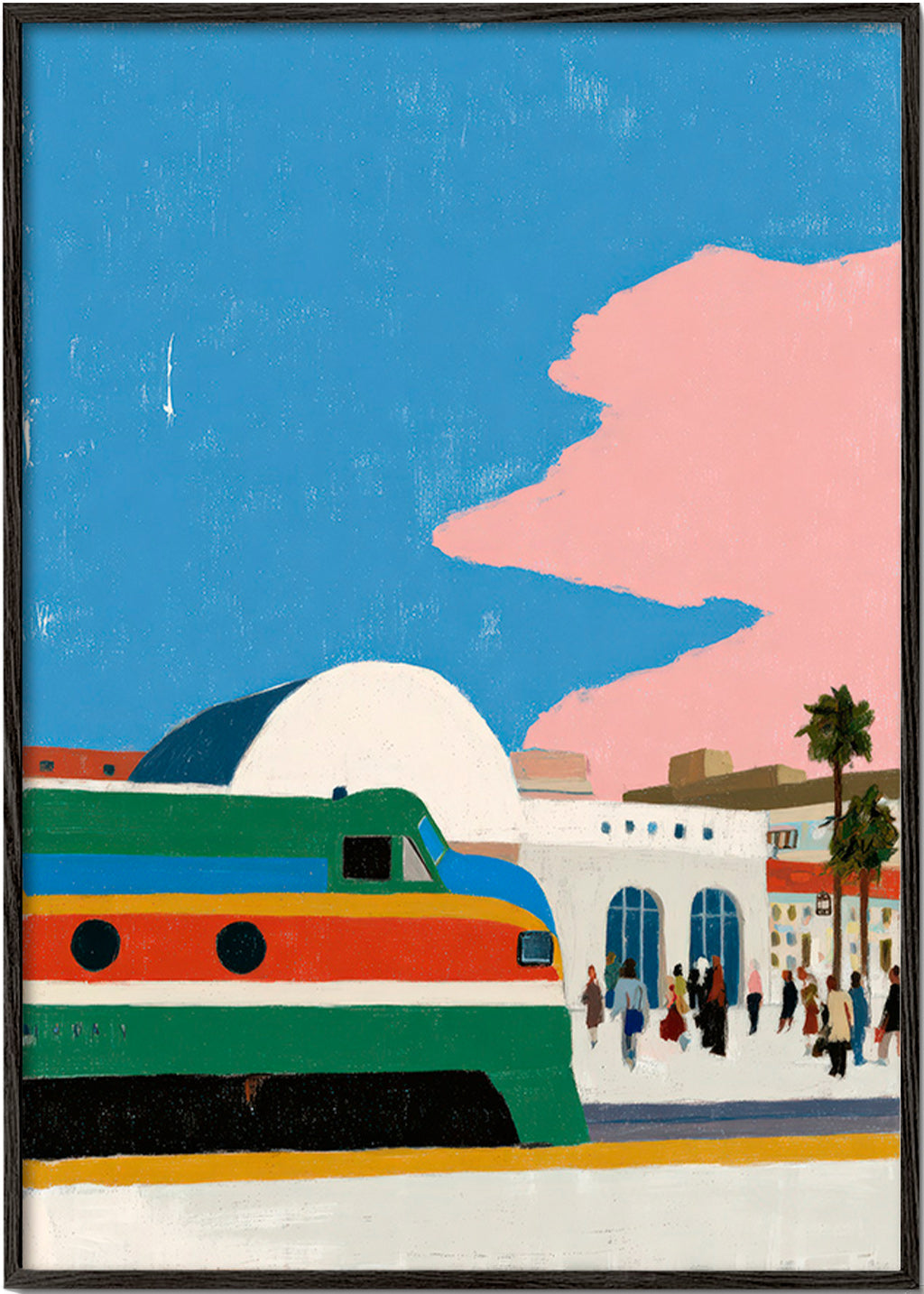 Opera di stazione con treno colorato