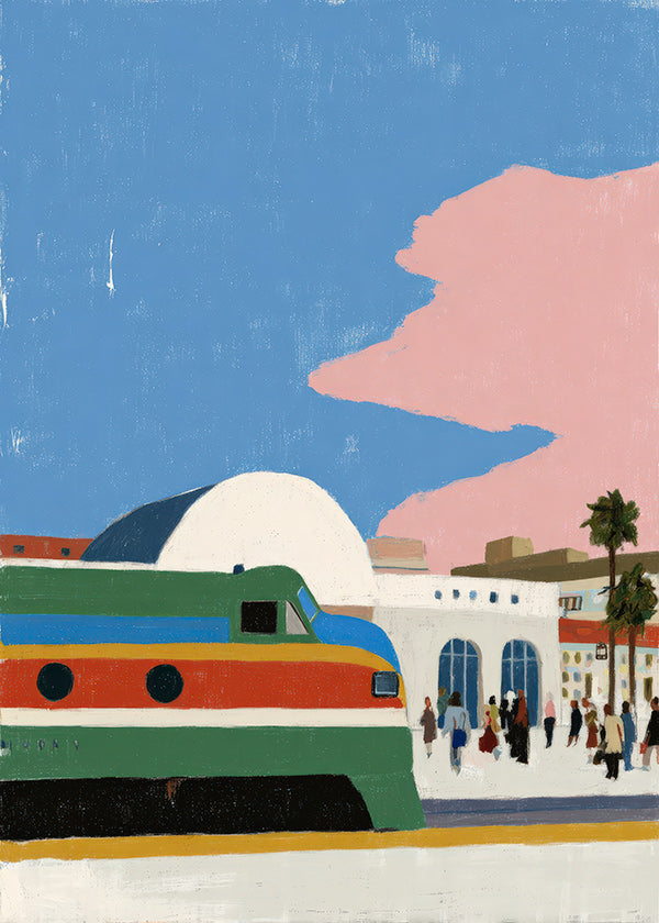 Opera di stazione con treno colorato