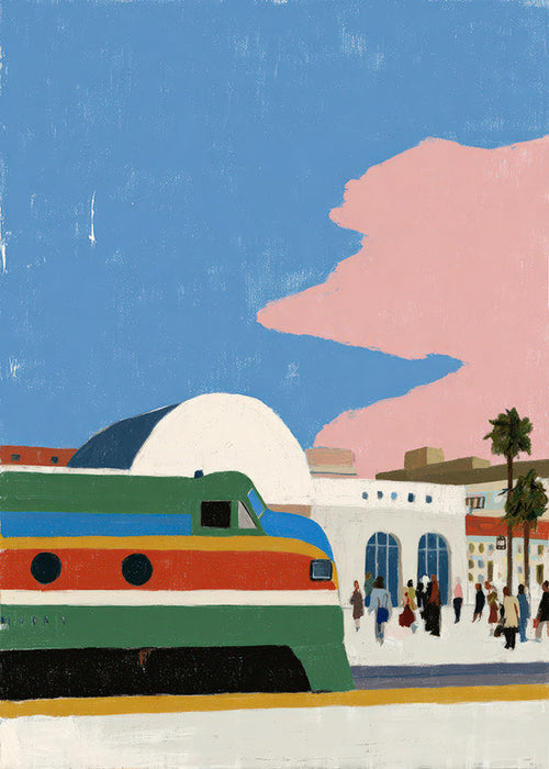 Opera di stazione con treno colorato