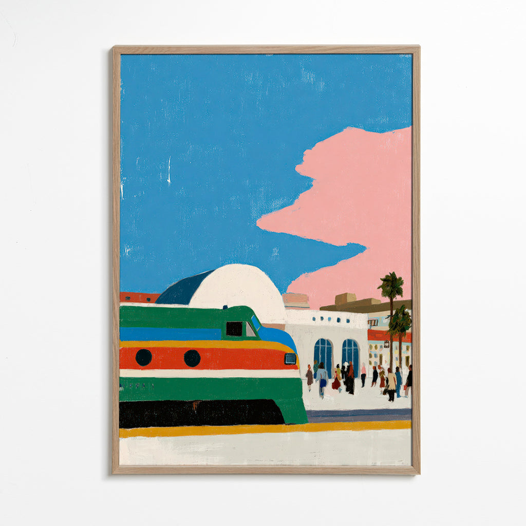 Opera di stazione con treno colorato
