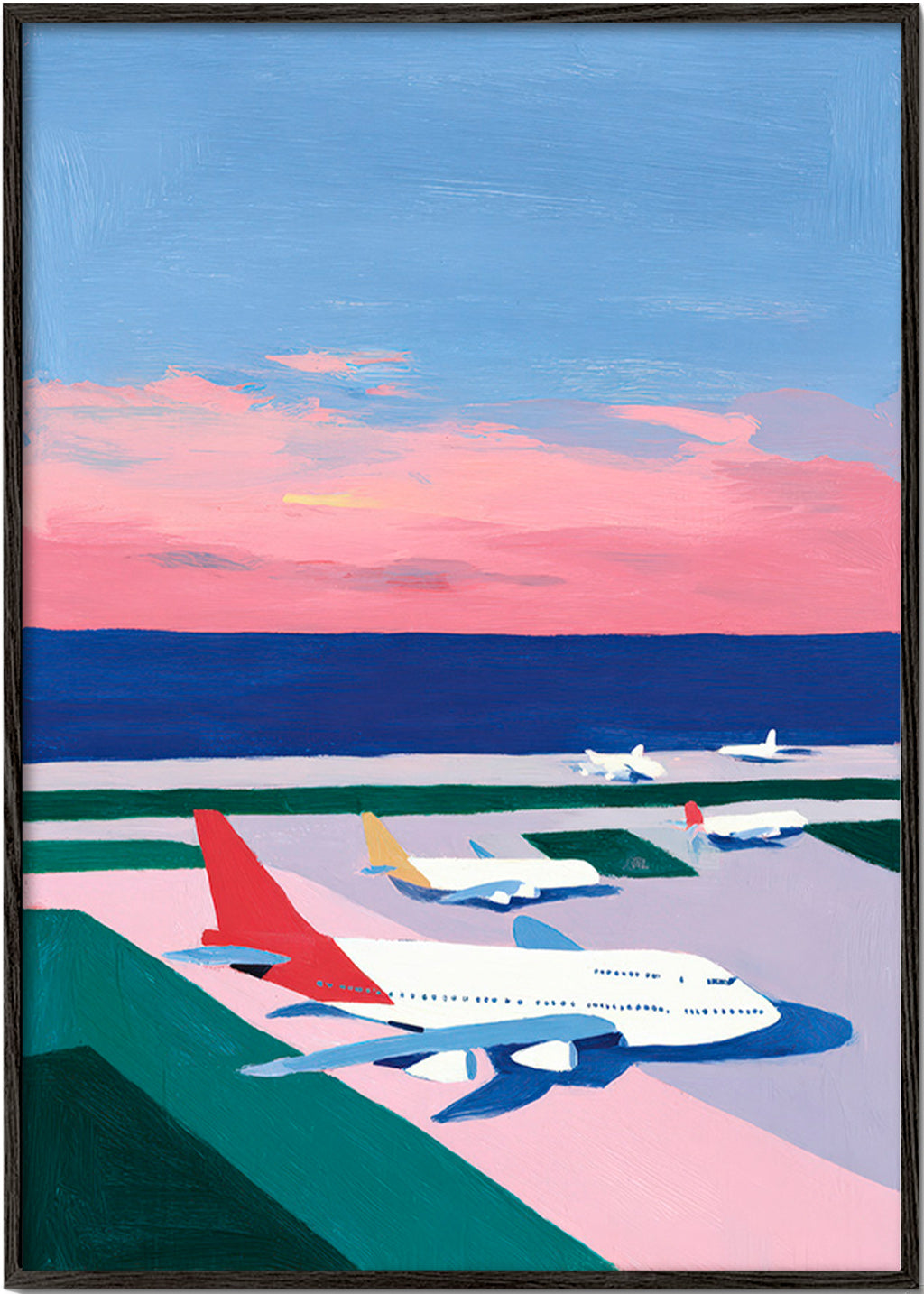 Poster di viaggio con pista al tramonto