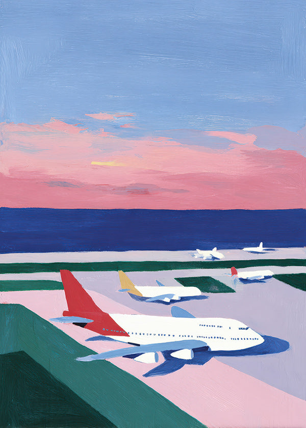Poster di viaggio con pista al tramonto