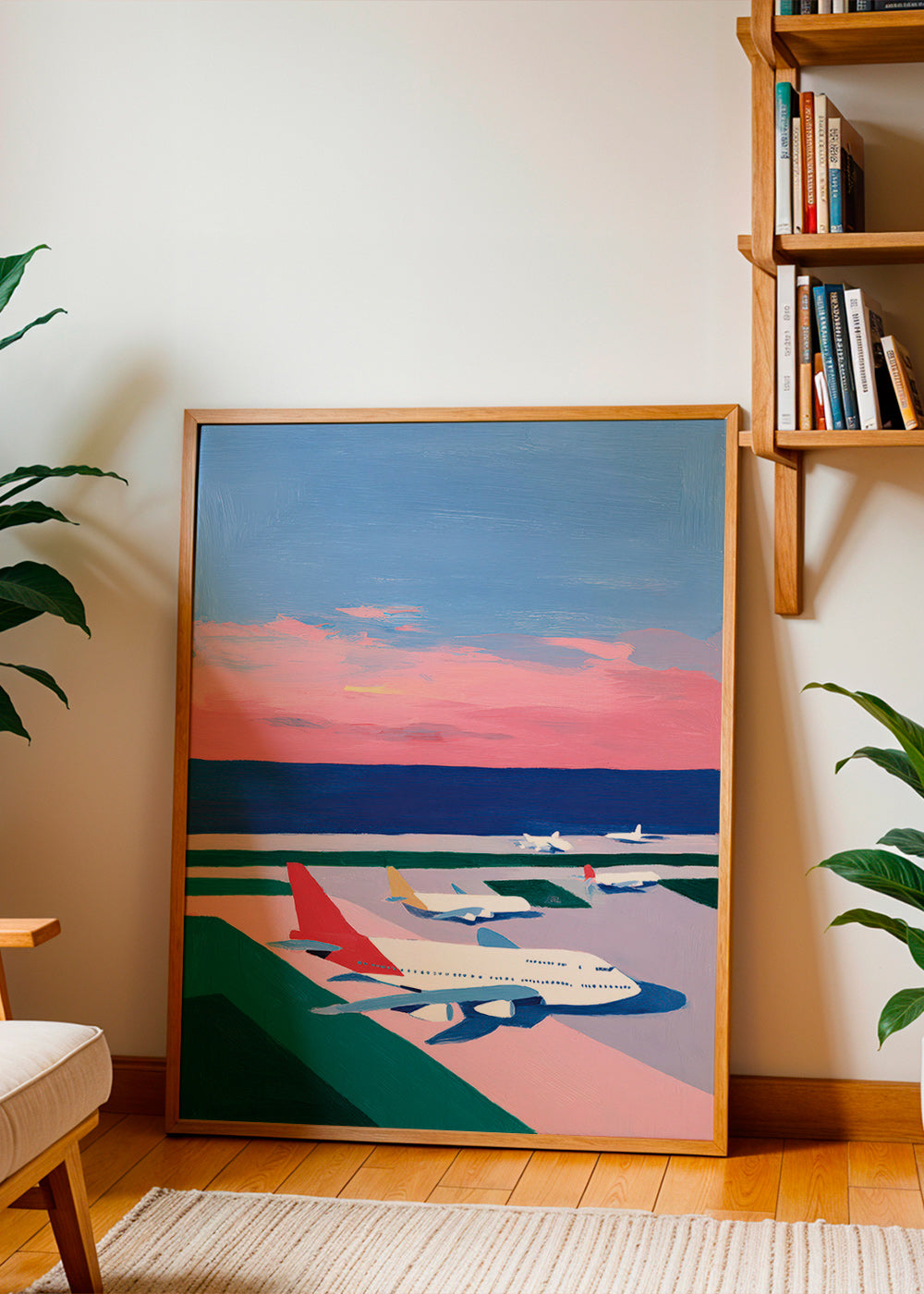 Poster di viaggio con pista al tramonto