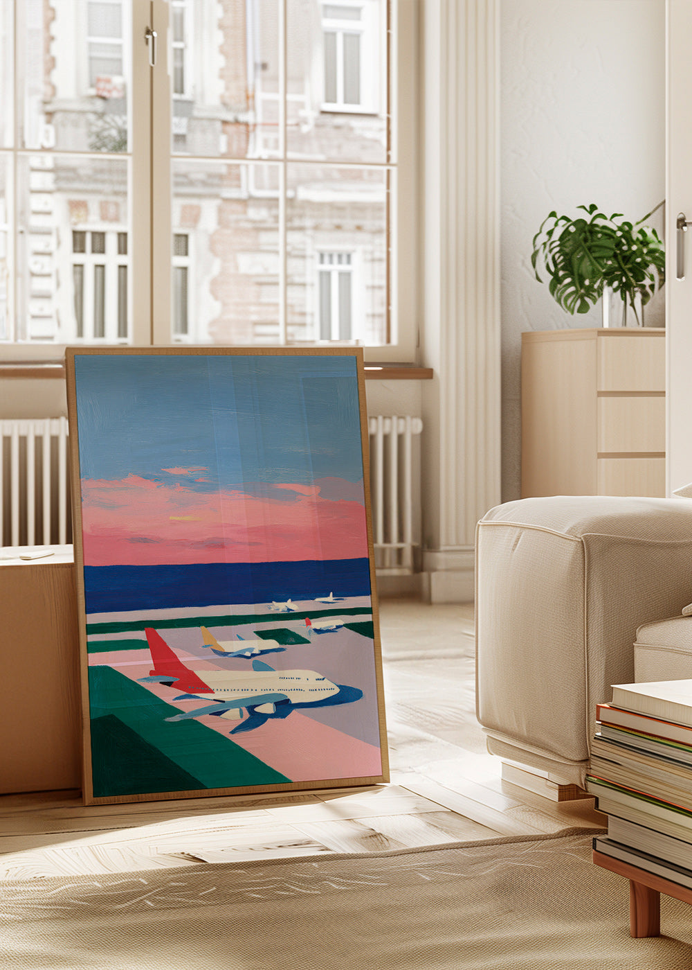 Poster di viaggio con pista al tramonto