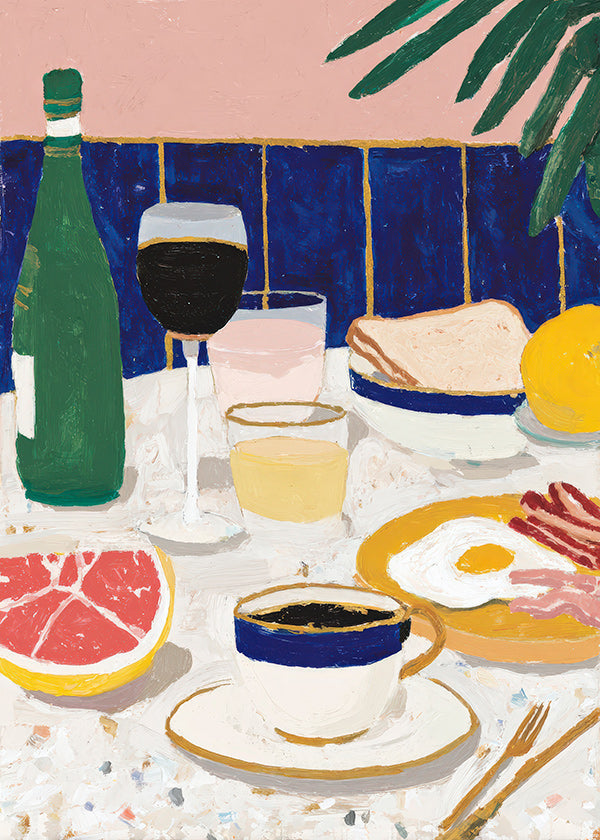 Arte da cucina: natura morta colazione con caffè e agrumi