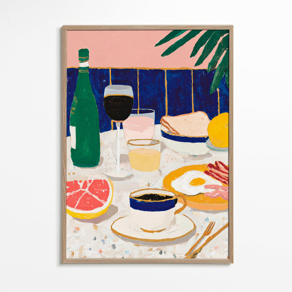 Arte da cucina: natura morta colazione con caffè e agrumi
