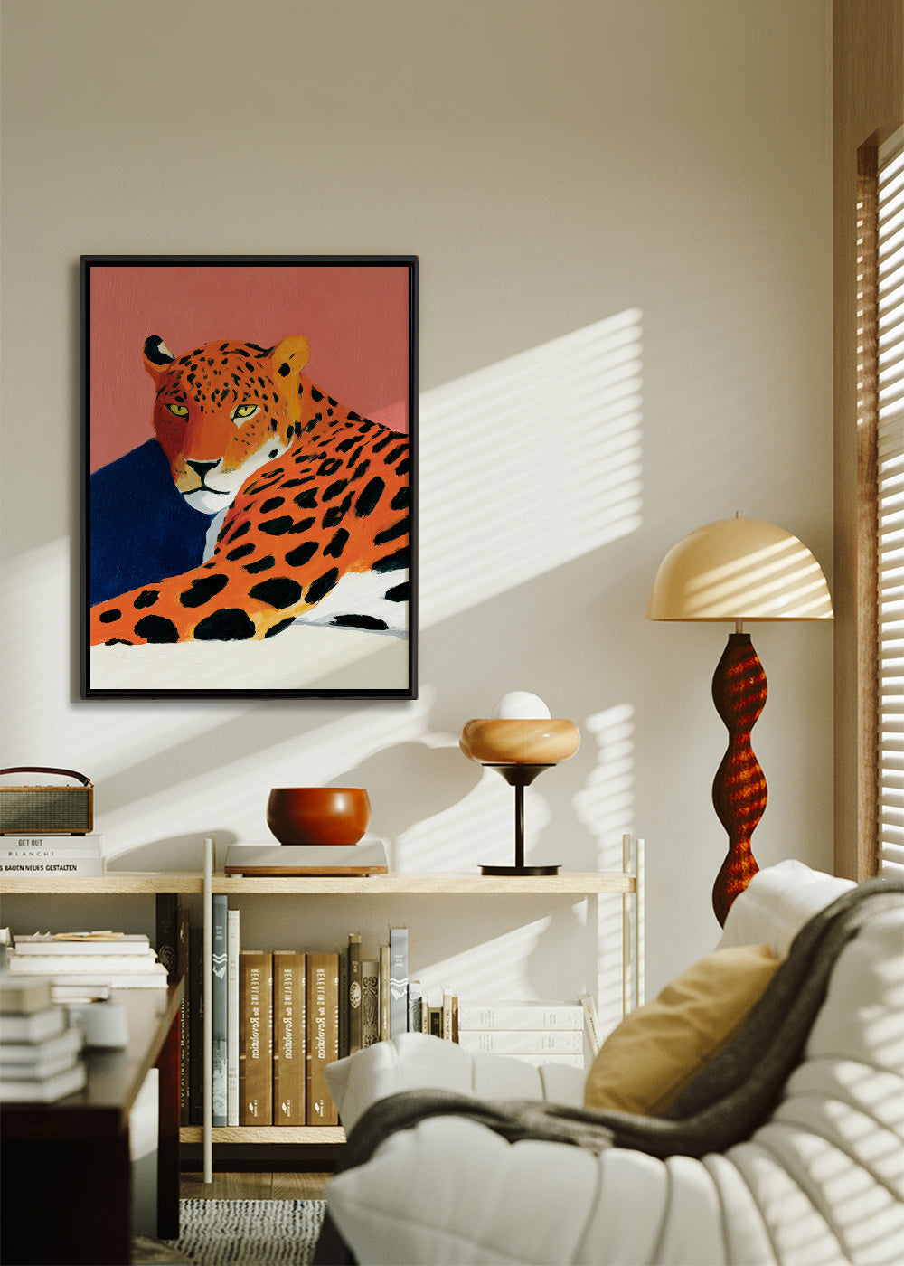 Quadro: Leopardo riposante su sfondo rosa