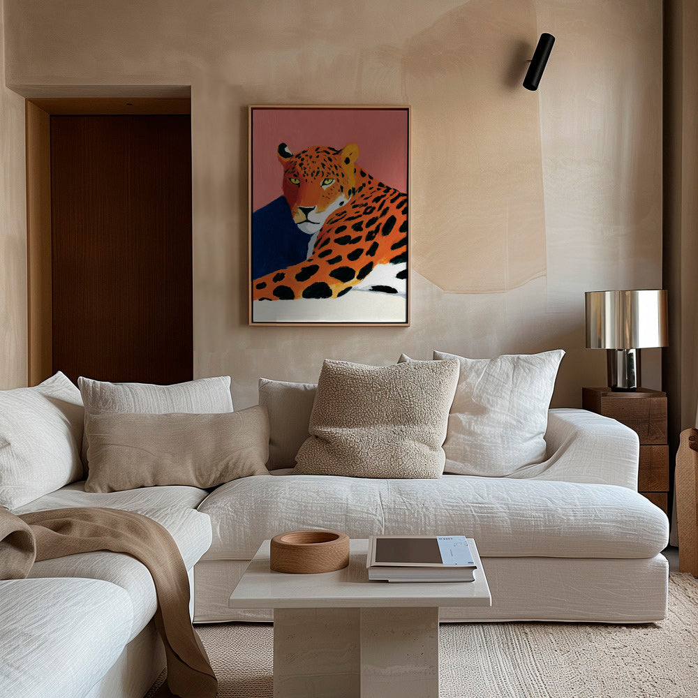Quadro: Leopardo riposante su sfondo rosa