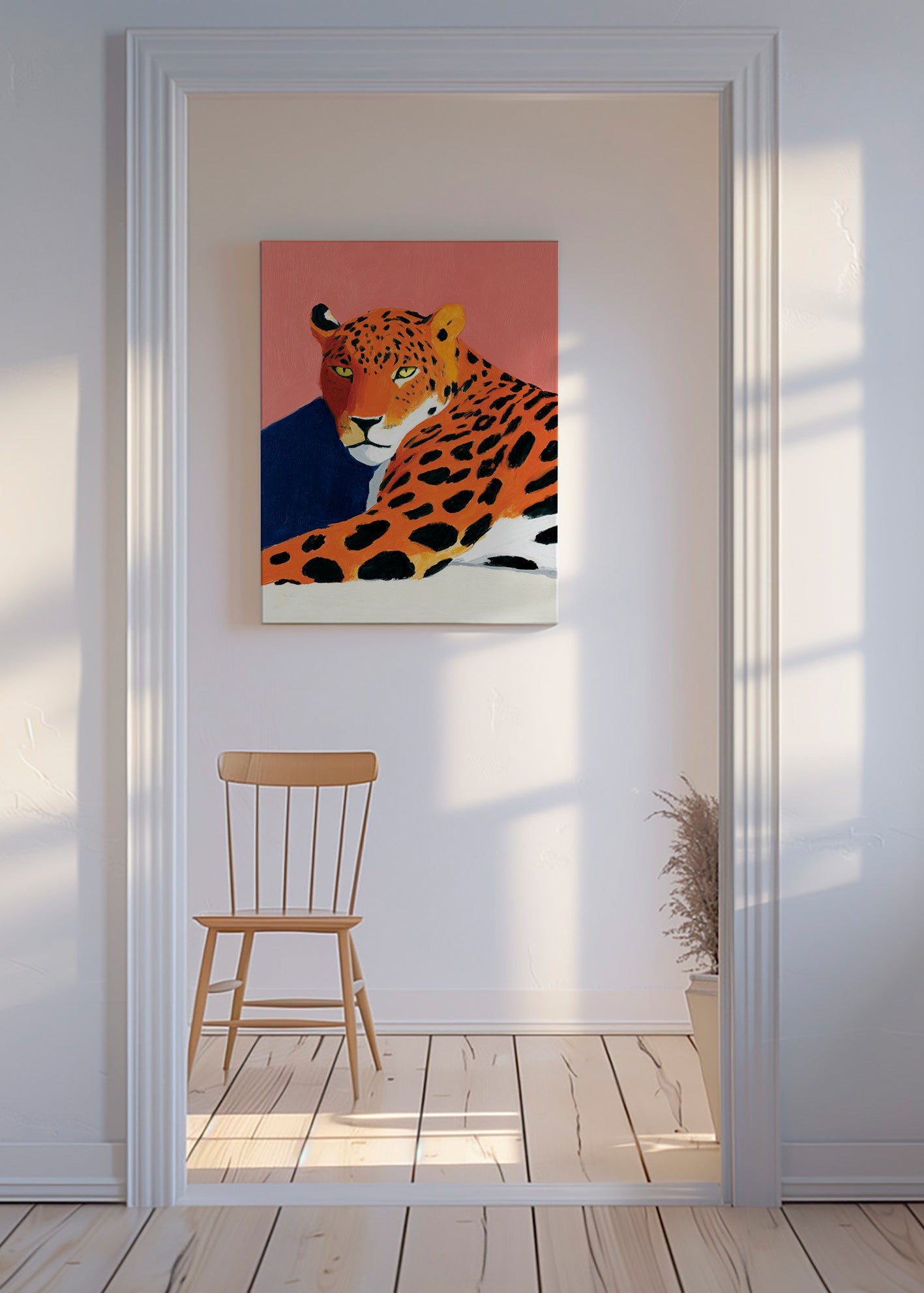 Quadro: Leopardo riposante su sfondo rosa
