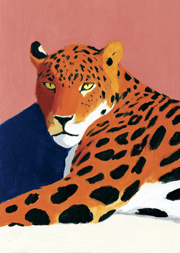 Quadro: Leopardo riposante su sfondo rosa