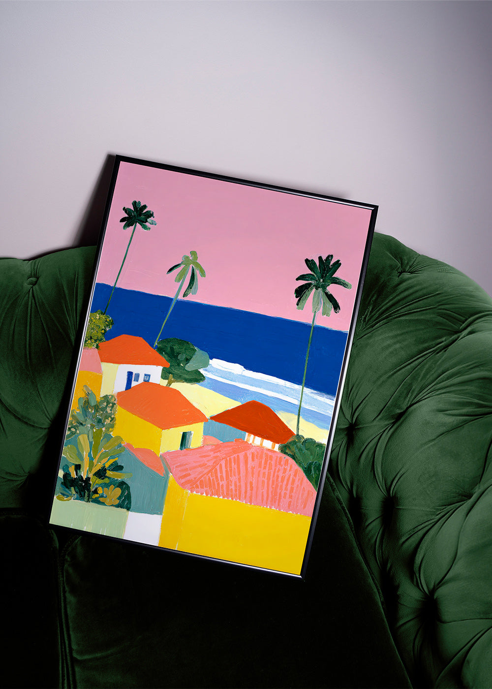 Arte paesaggistica: palme e case dai toni caldi