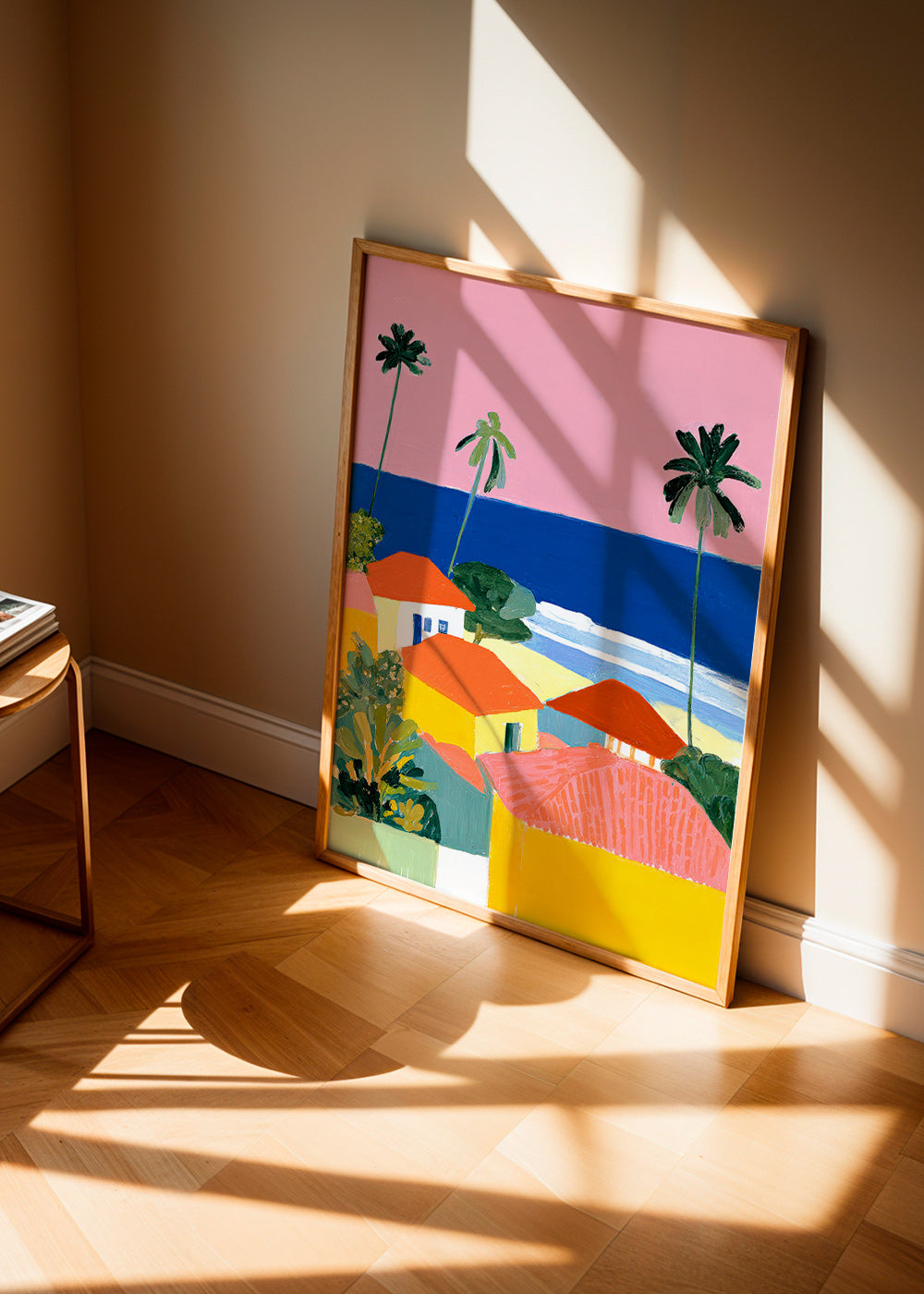 Arte paesaggistica: palme e case dai toni caldi