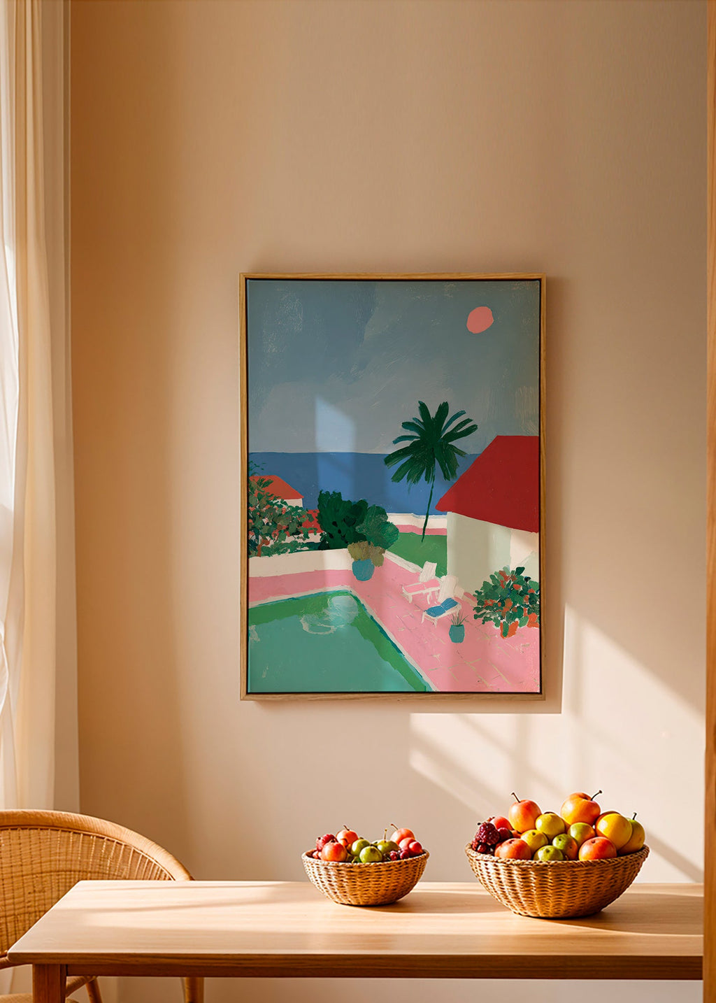Arte paesaggistica con piscina, palma e tetto rosso