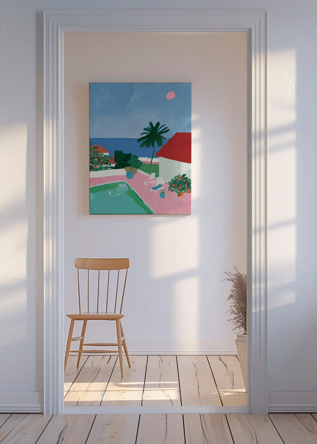 Arte paesaggistica con piscina, palma e tetto rosso