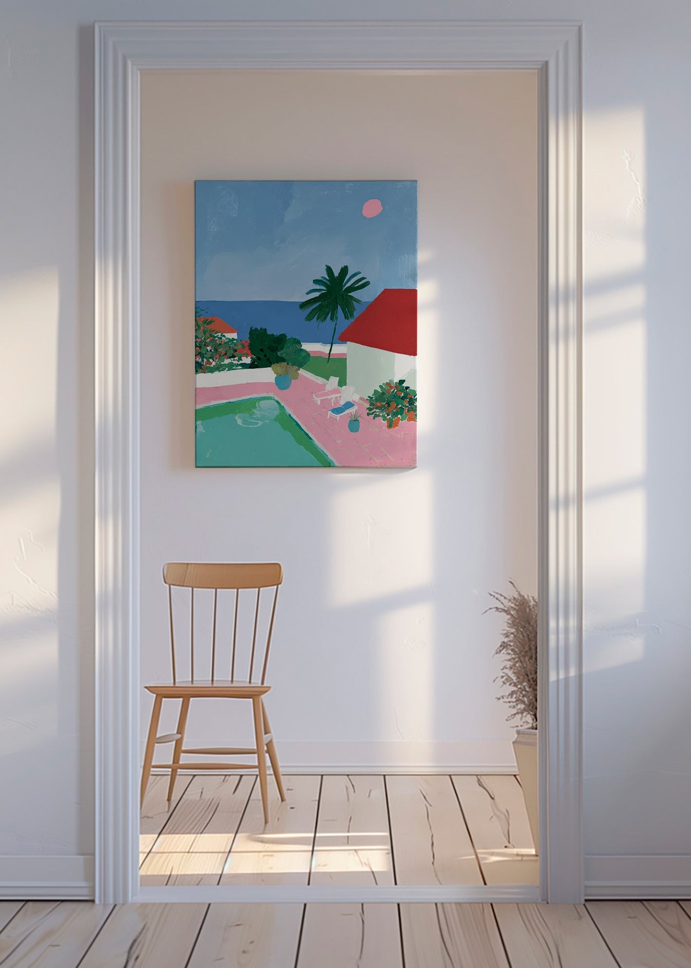 Arte paesaggistica con piscina, palma e tetto rosso