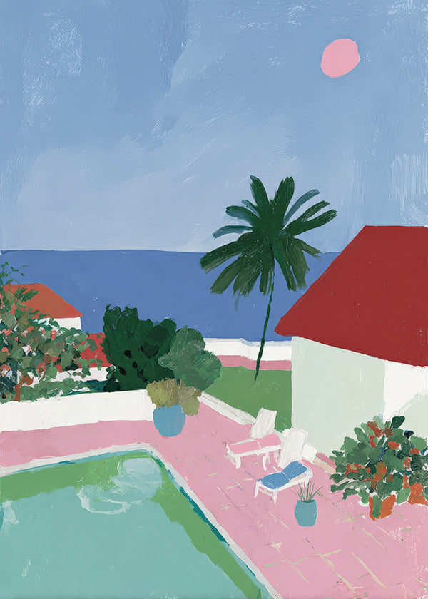 Arte paesaggistica con piscina, palma e tetto rosso