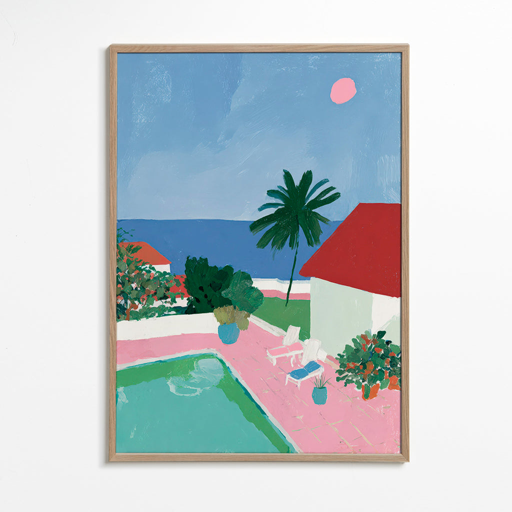 Arte paesaggistica con piscina, palma e tetto rosso