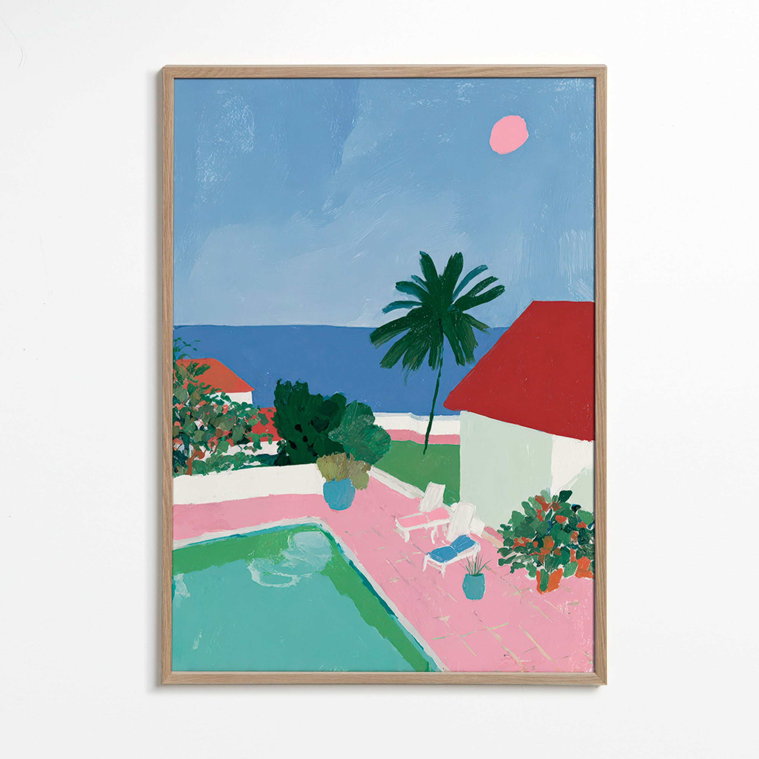 Arte paesaggistica con piscina, palma e tetto rosso