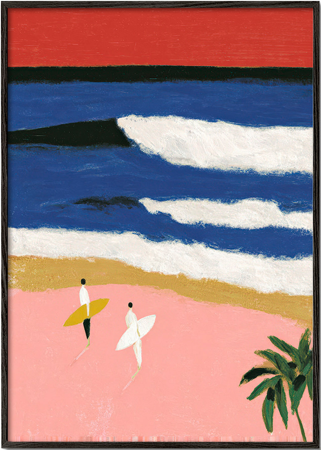 Quadro paesaggio con surfisti e sabbia rosa