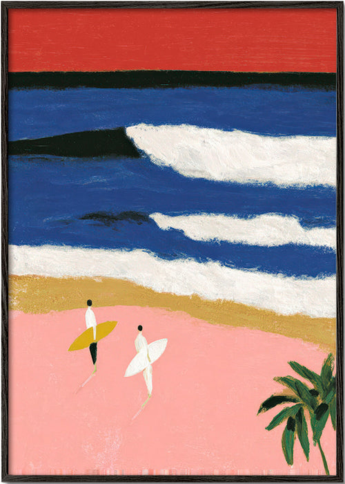 Quadro paesaggio con surfisti e sabbia rosa