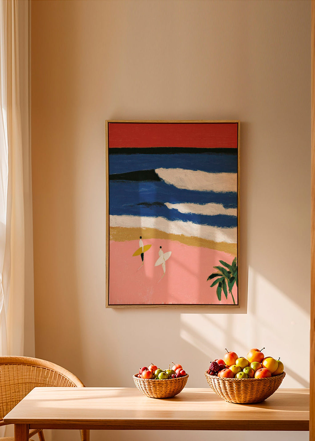 Quadro paesaggio con surfisti e sabbia rosa