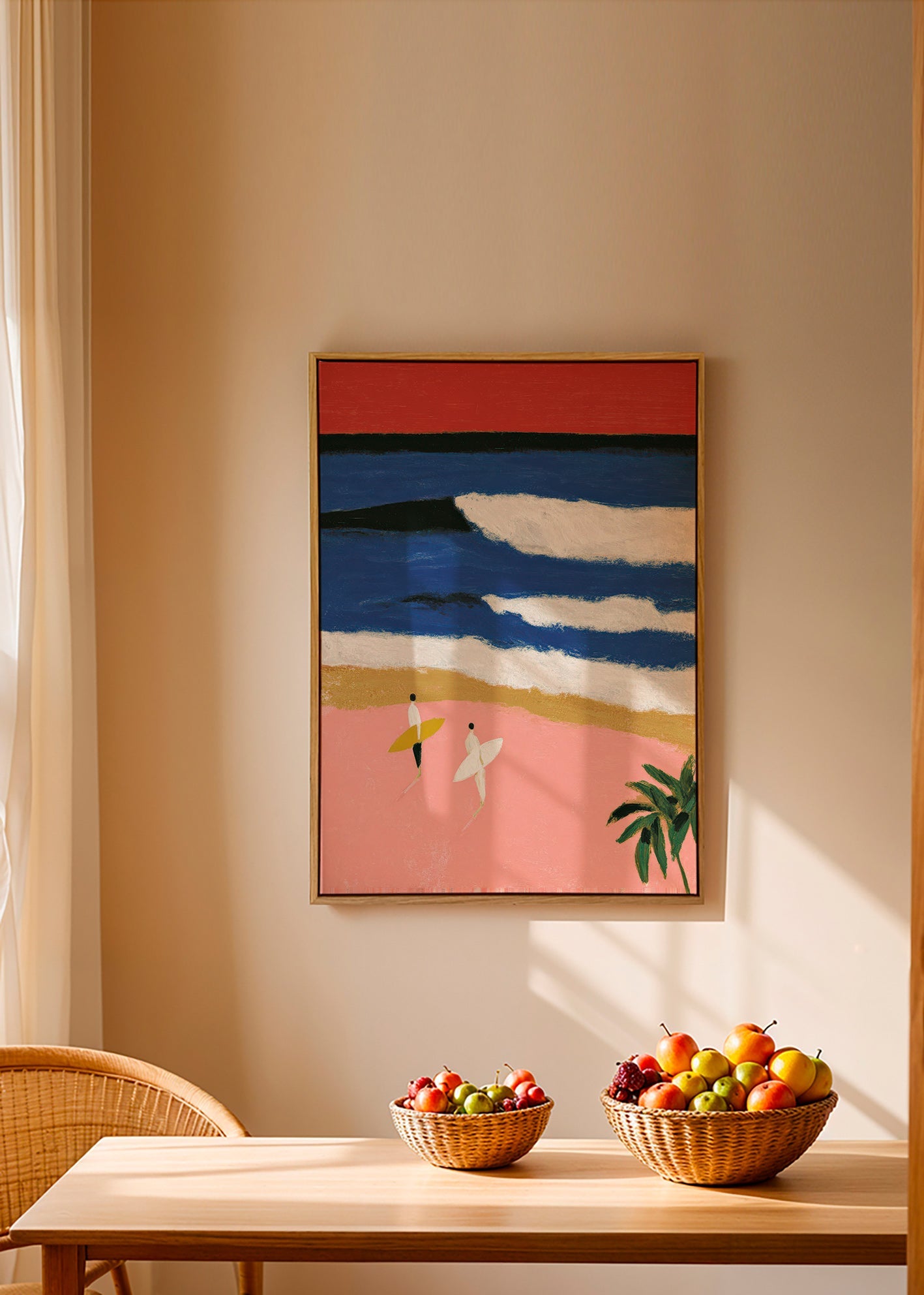 Quadro paesaggio con surfisti e sabbia rosa