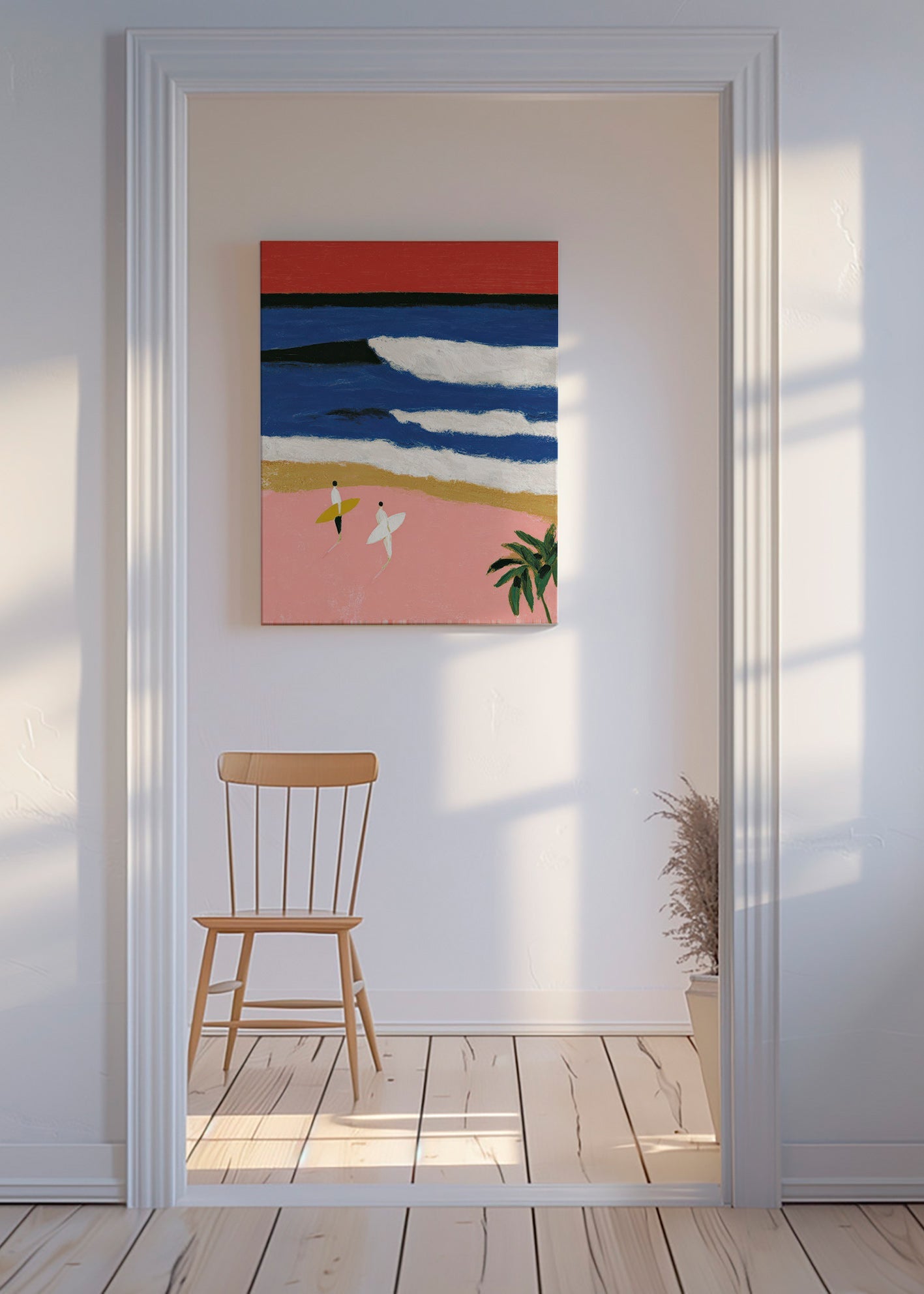 Quadro paesaggio con surfisti e sabbia rosa