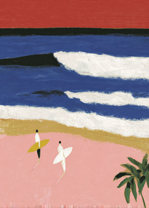 Quadro paesaggio con surfisti e sabbia rosa