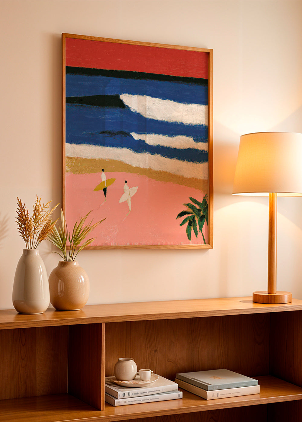Quadro paesaggio con surfisti e sabbia rosa