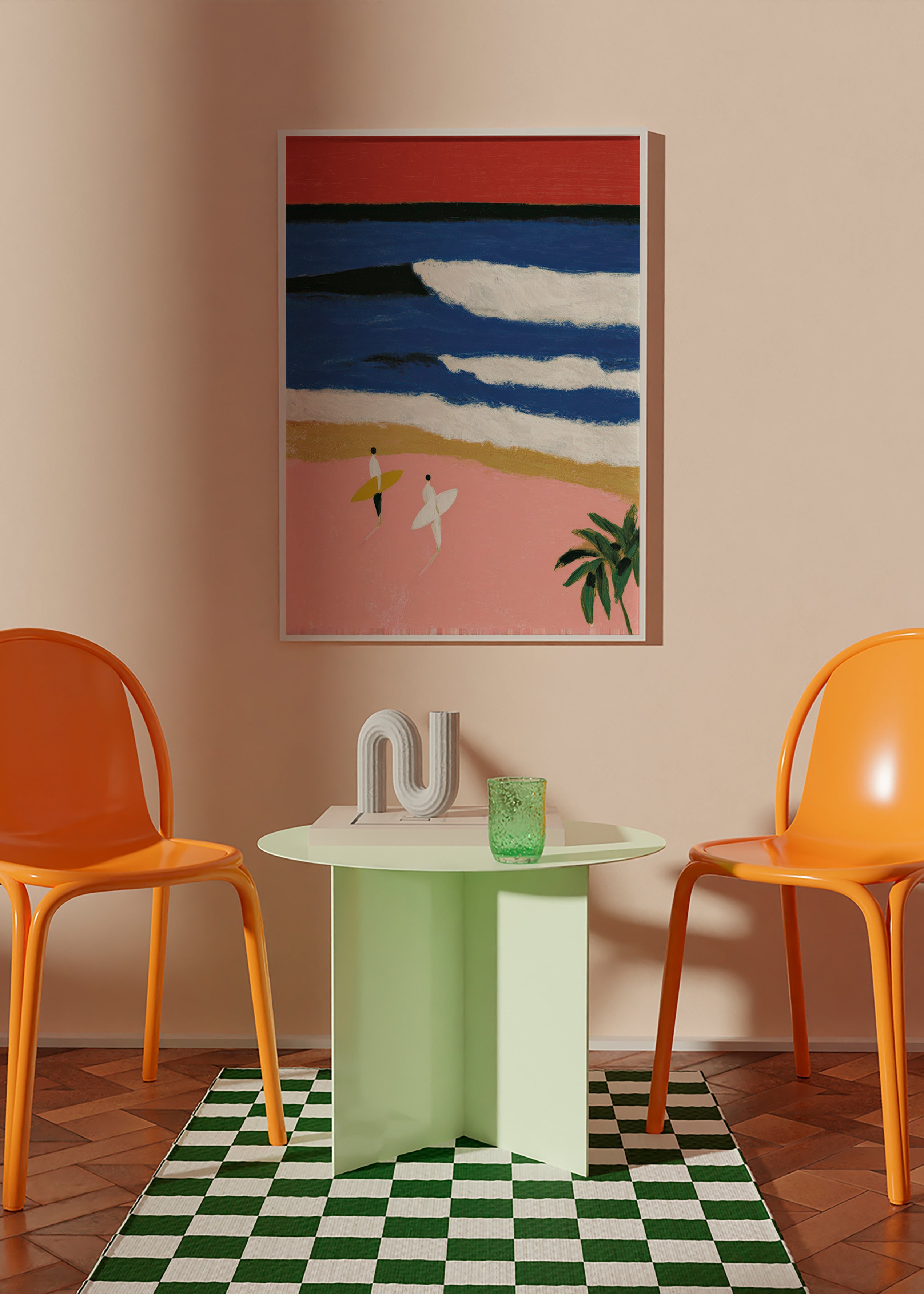 Quadro paesaggio con surfisti e sabbia rosa