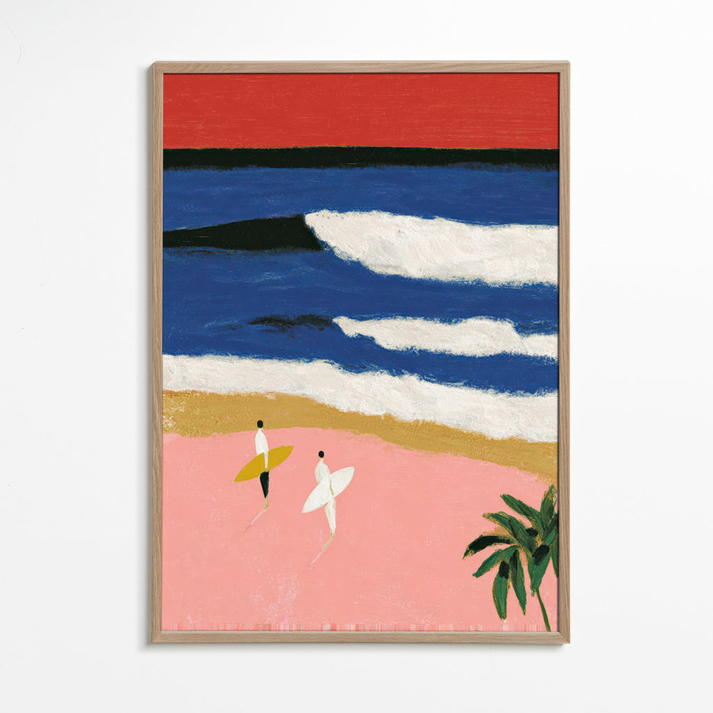 Quadro paesaggio con surfisti e sabbia rosa