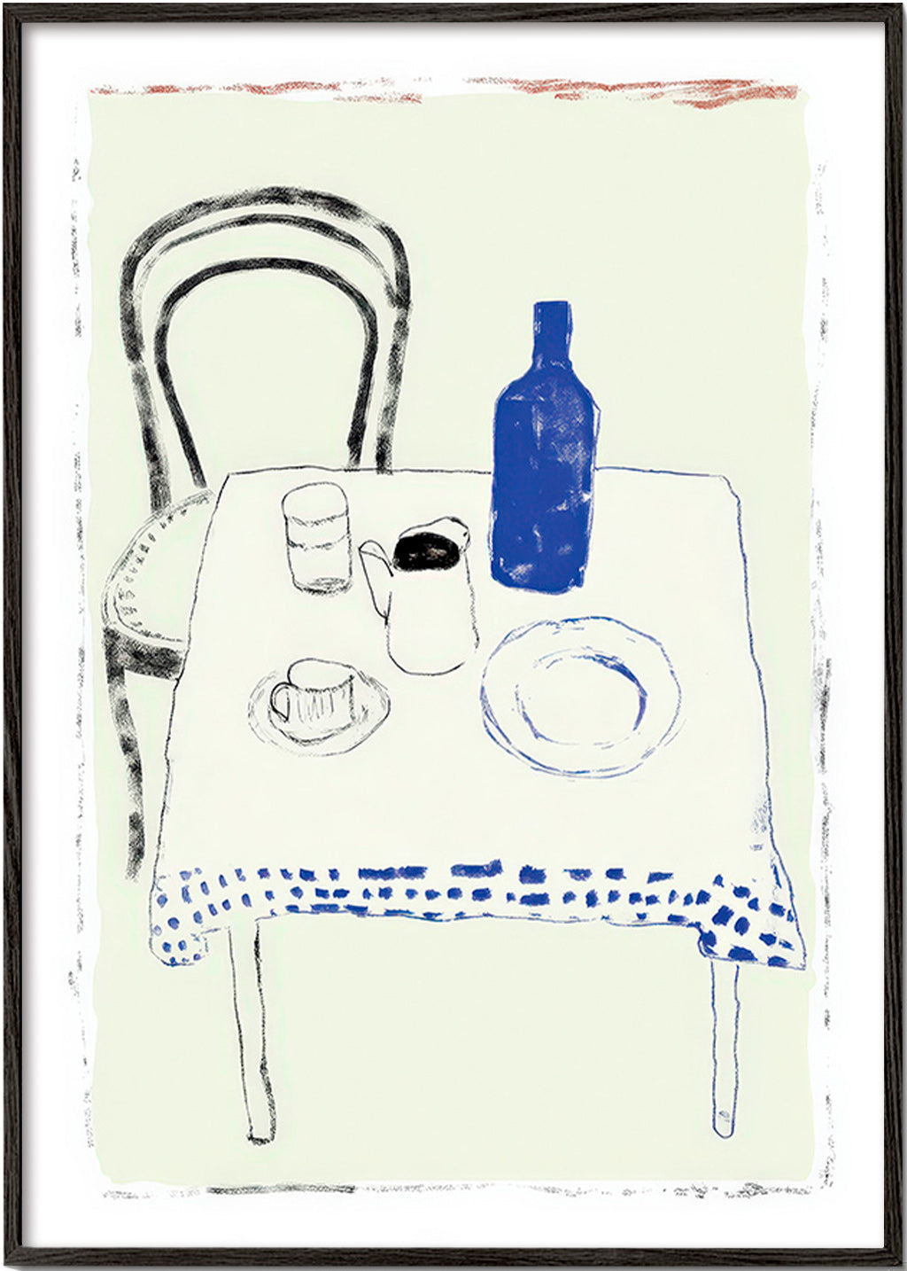 Arte da cucina: bottiglia blu e stoviglie minimal