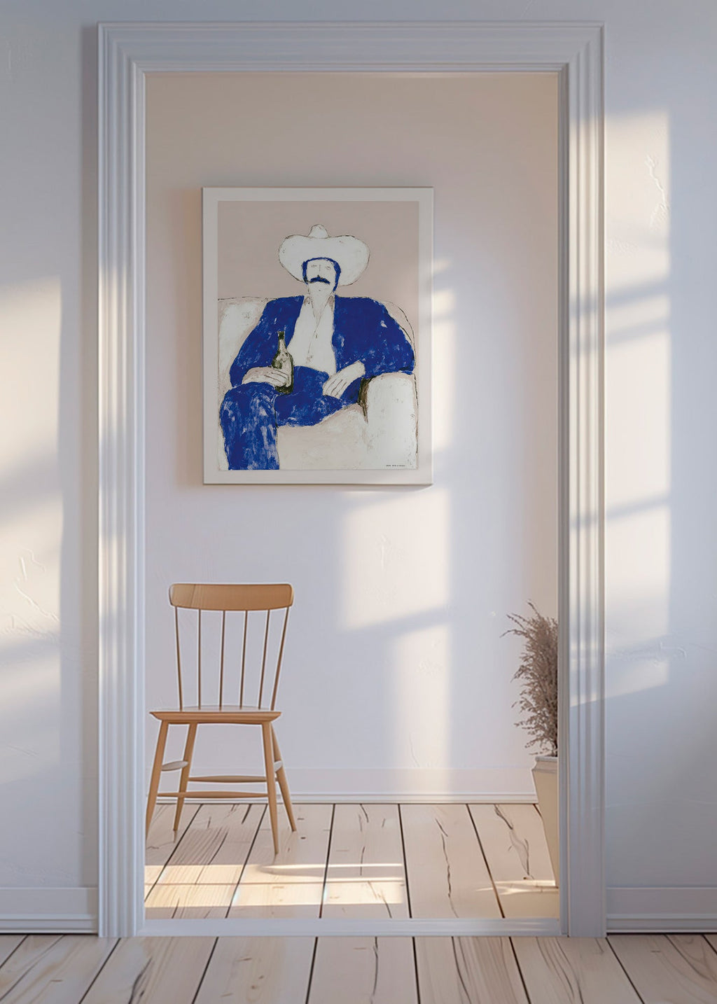 Illustrazione cow-boy blu seduto