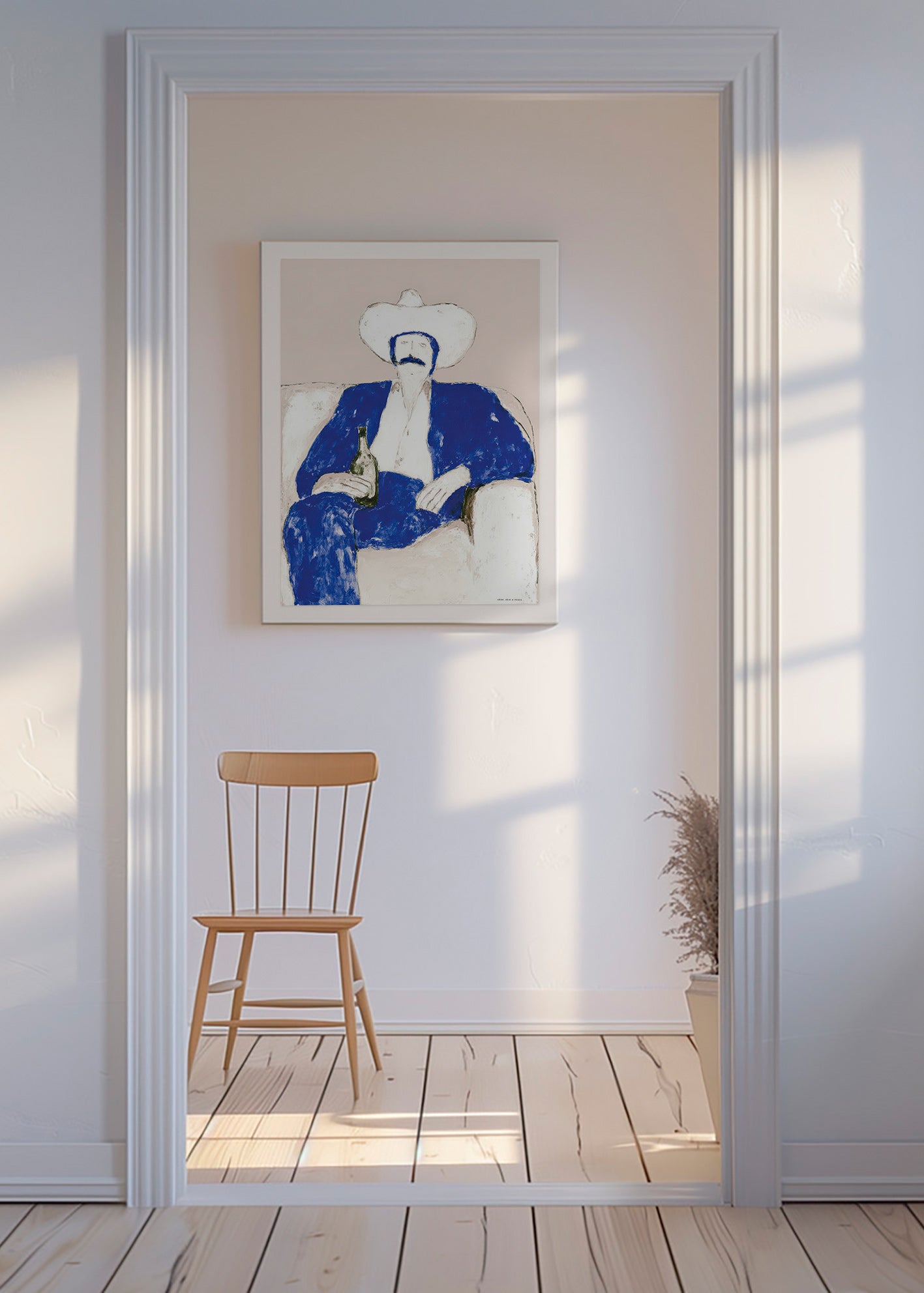 Illustrazione cow-boy blu seduto