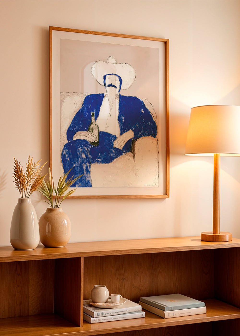 Illustrazione cow-boy blu seduto