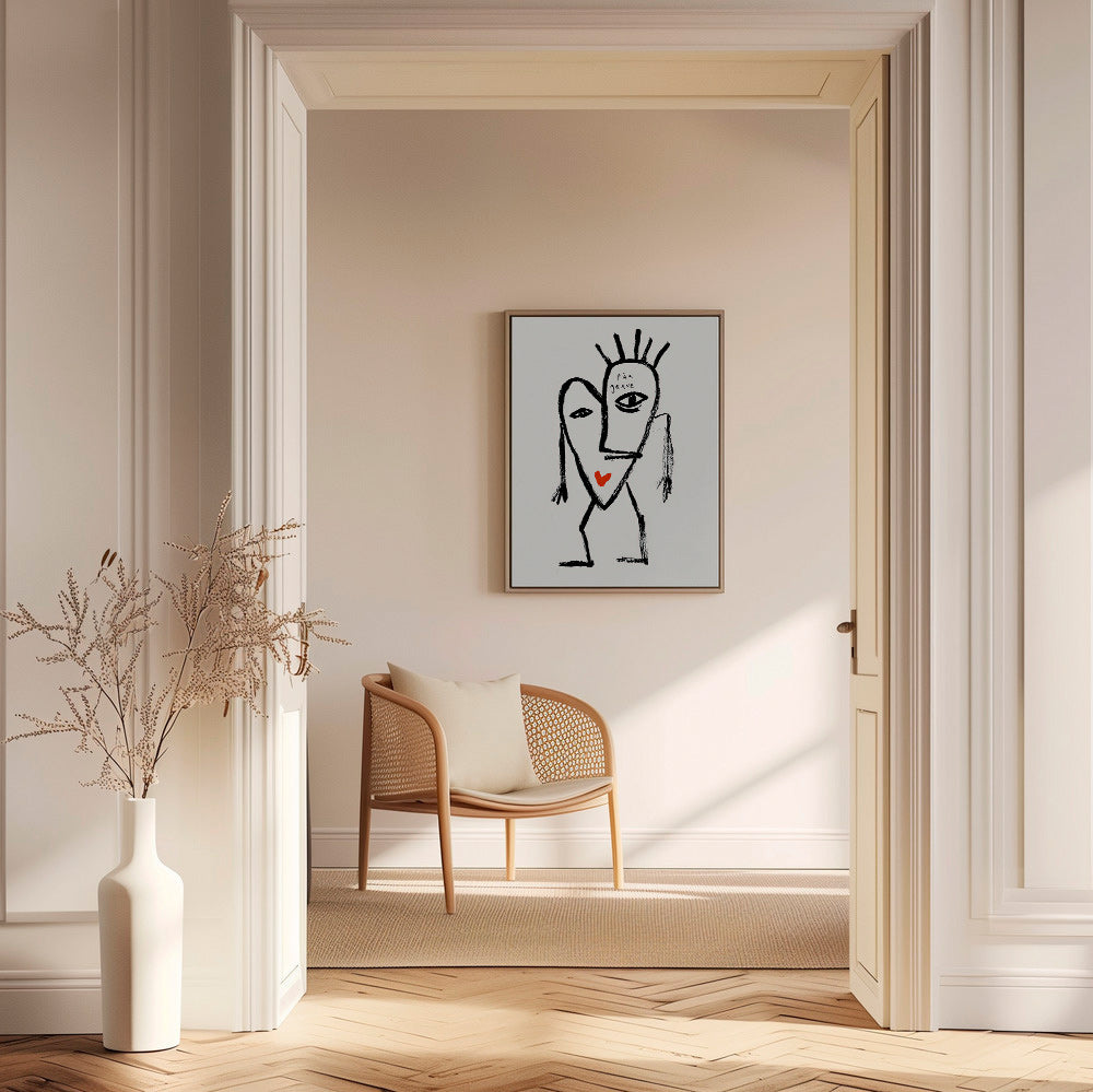Quadro astratto volto lineare con cuore rosso