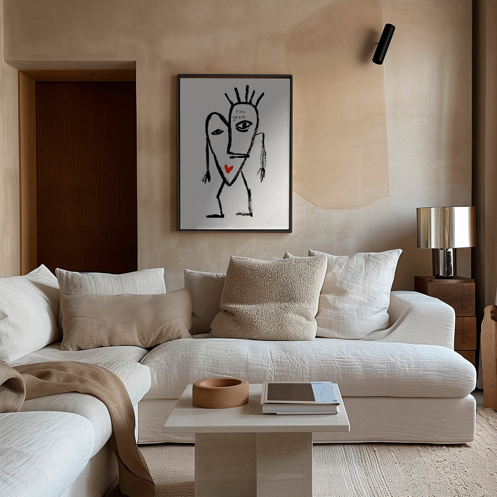 Quadro astratto volto lineare con cuore rosso