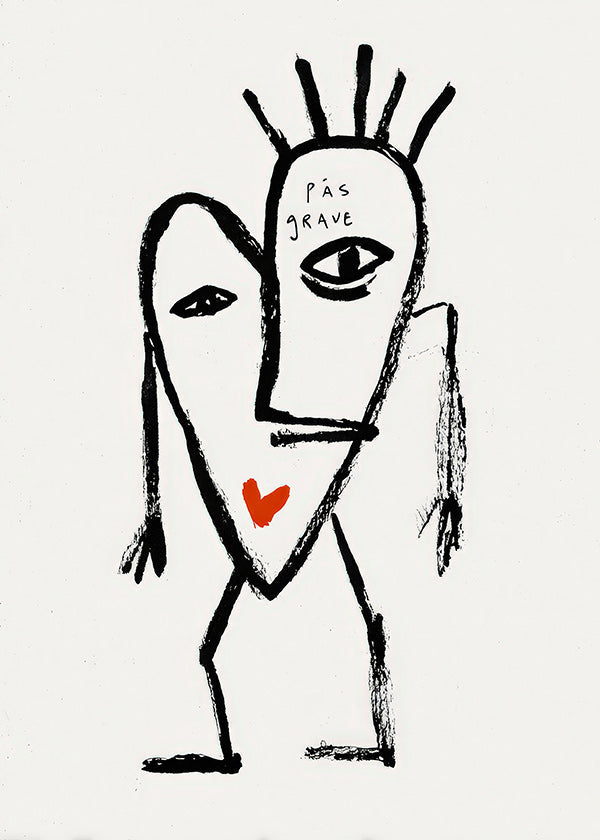 Quadro astratto volto lineare con cuore rosso