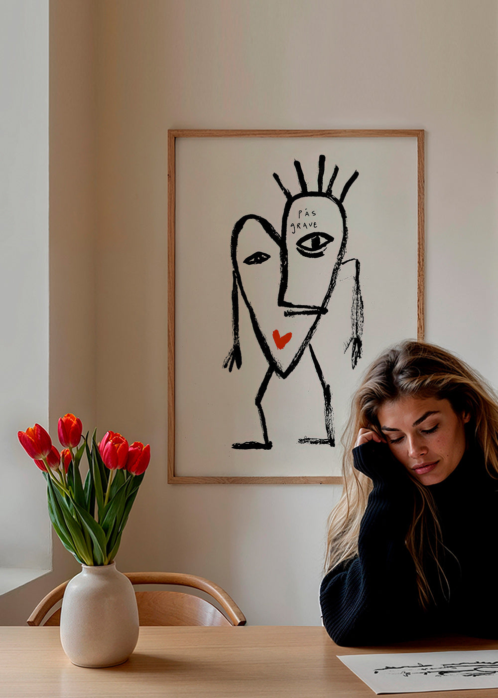 Quadro astratto volto lineare con cuore rosso