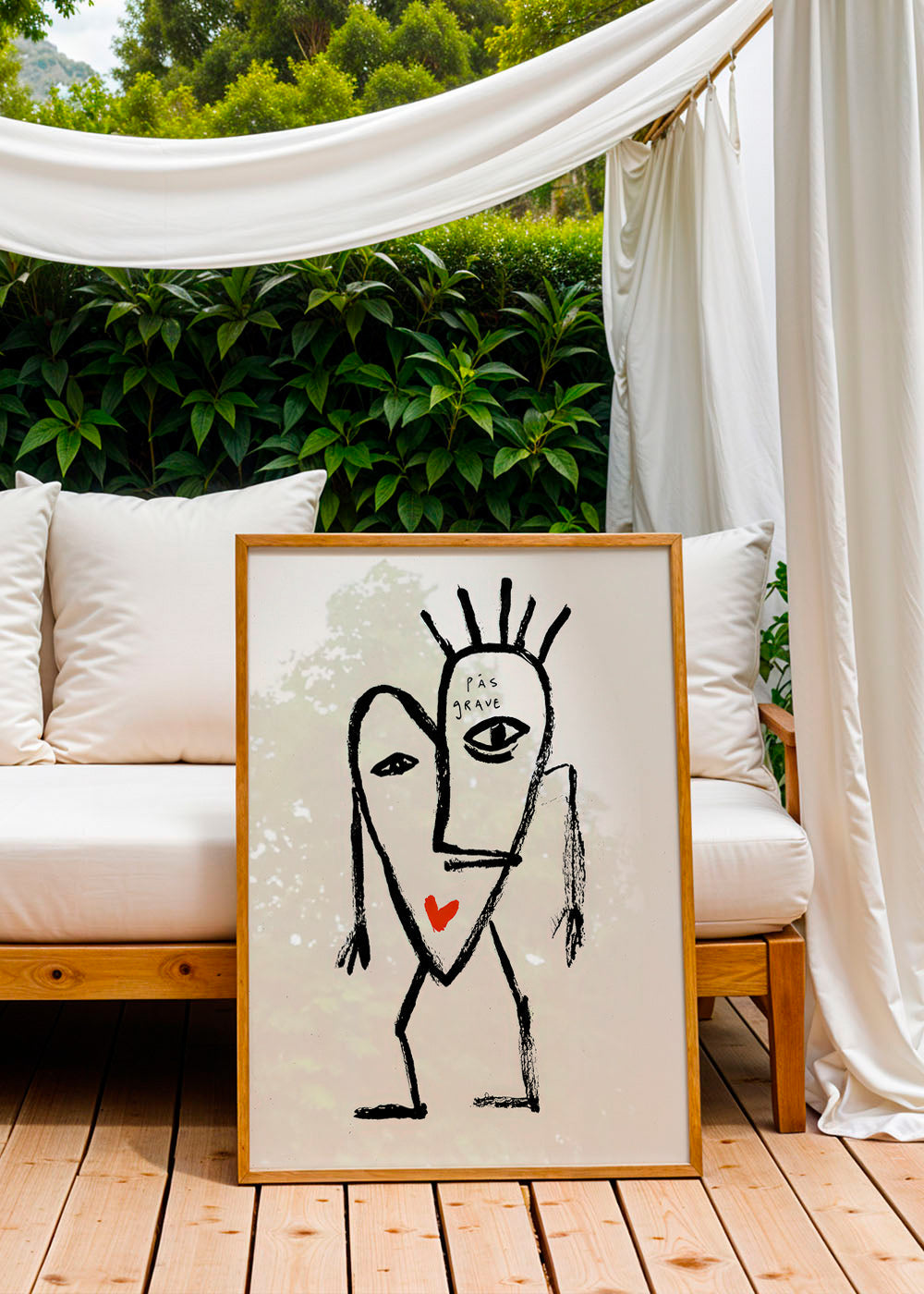 Quadro astratto volto lineare con cuore rosso