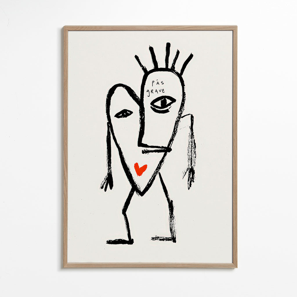 Quadro astratto volto lineare con cuore rosso