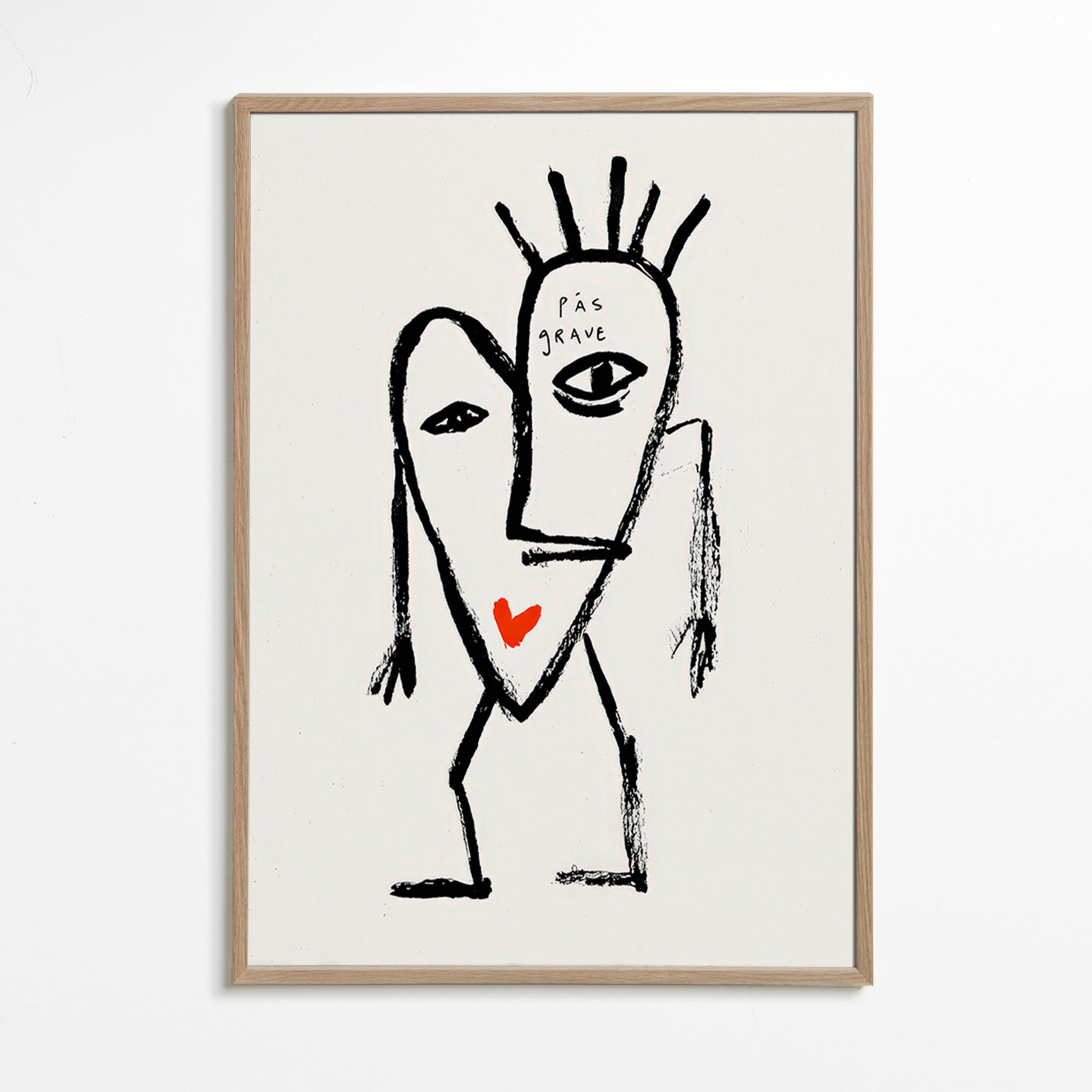 Quadro astratto volto lineare con cuore rosso